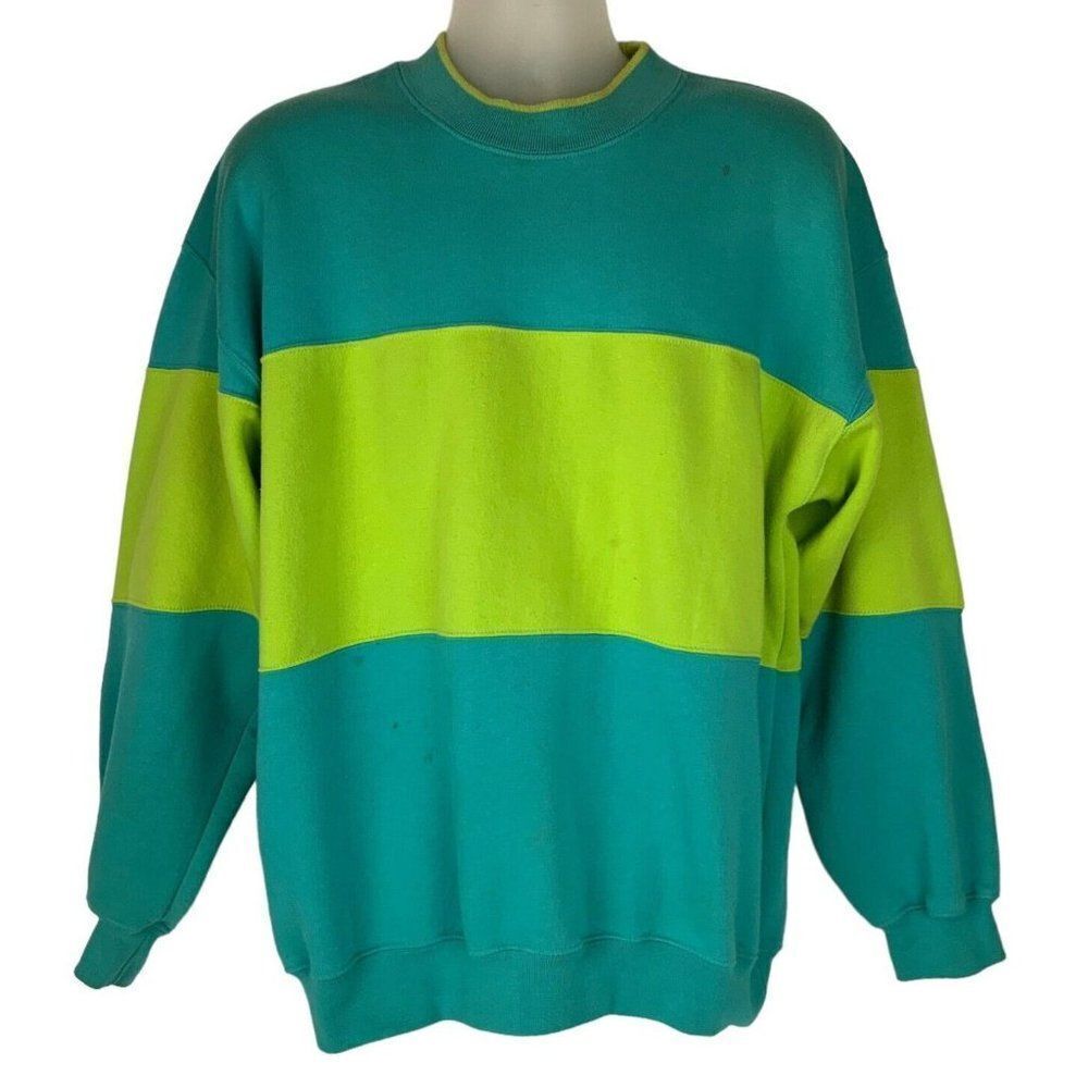 Vtg 90s Crewneck Sweatshirt Mens Large Lime Turquoise Color Block Stripe Mervyns